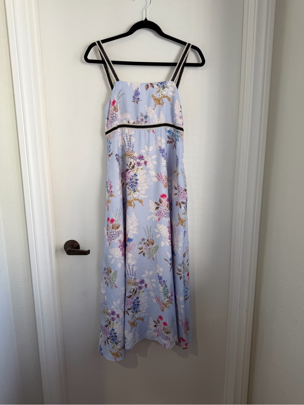 TCEC Light Blue Floral Midi Dress with Black Trim-NWOT